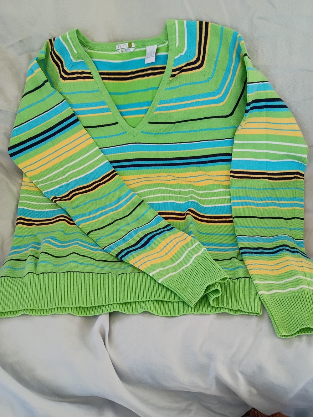 IZOD Women's V-Neck Striped Sweater - Lime Green Multi